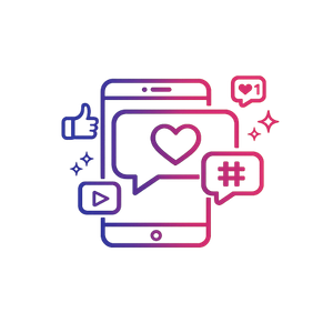 Illustration of a phon with word bubble that contain a thumbs up, a heart, a hashtag, and other social media icons