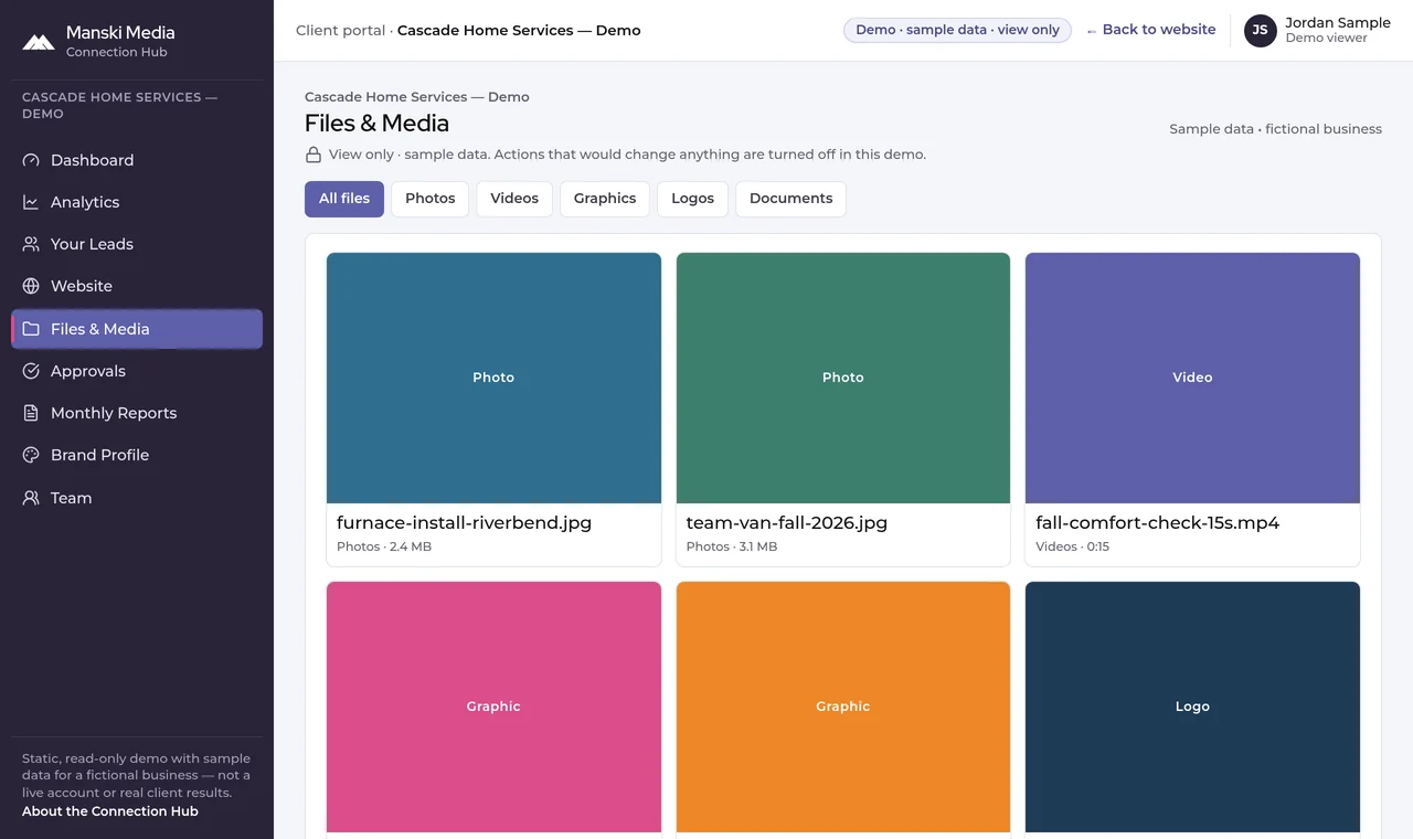 Connection Hub files and media library for the fictional demo business, browsable by folder, with placeholder sample file tiles.