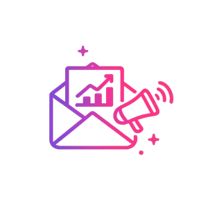 Illustration of an open envelope with a paper showing a graph and a small blowhorn